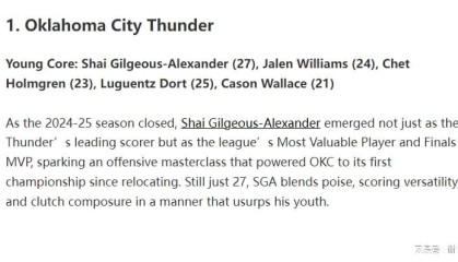 开云入口-当今联盟十大青年军：雷霆力压马刺领跑，火箭湖人入围前五